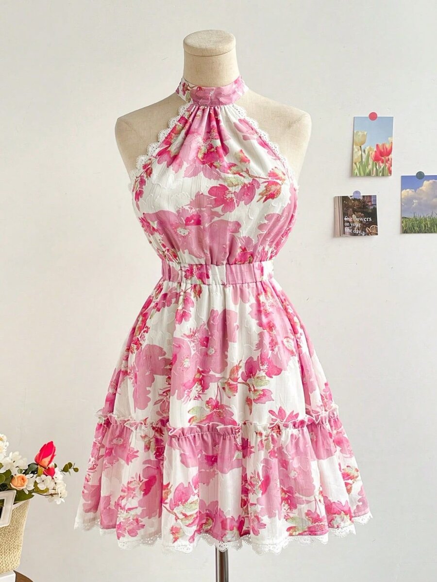 Woman pink floral textured chiffon halter backless