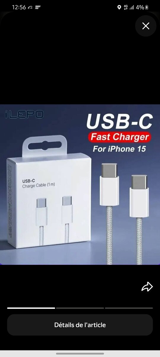 Câble USB-C Charge Rapide iPhone 15