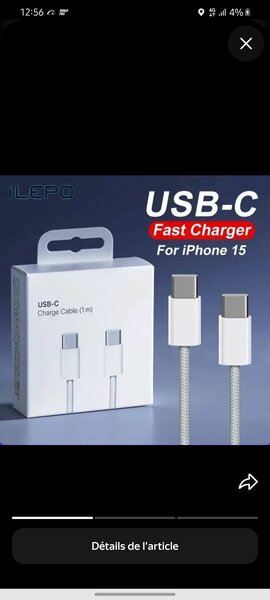 Câble USB-C Charge Rapide iPhone 15
