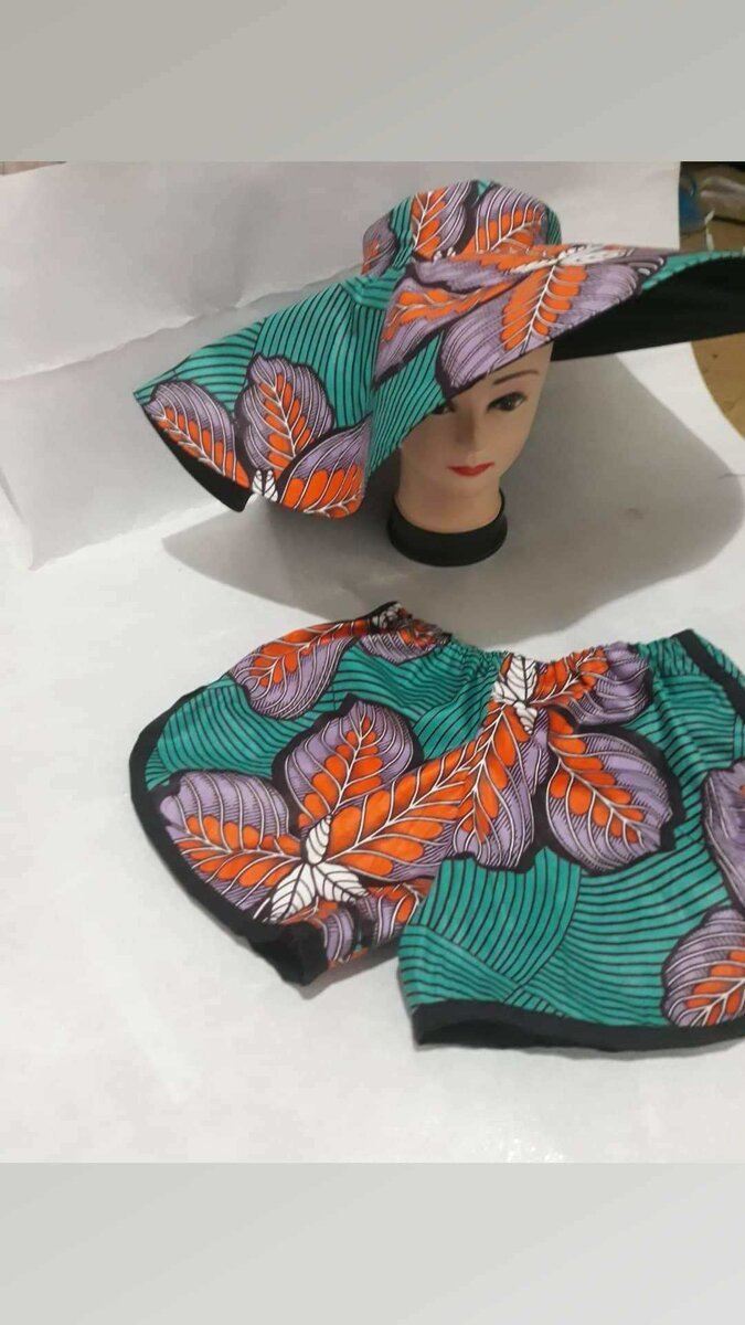 African print bags, hats and shorts.