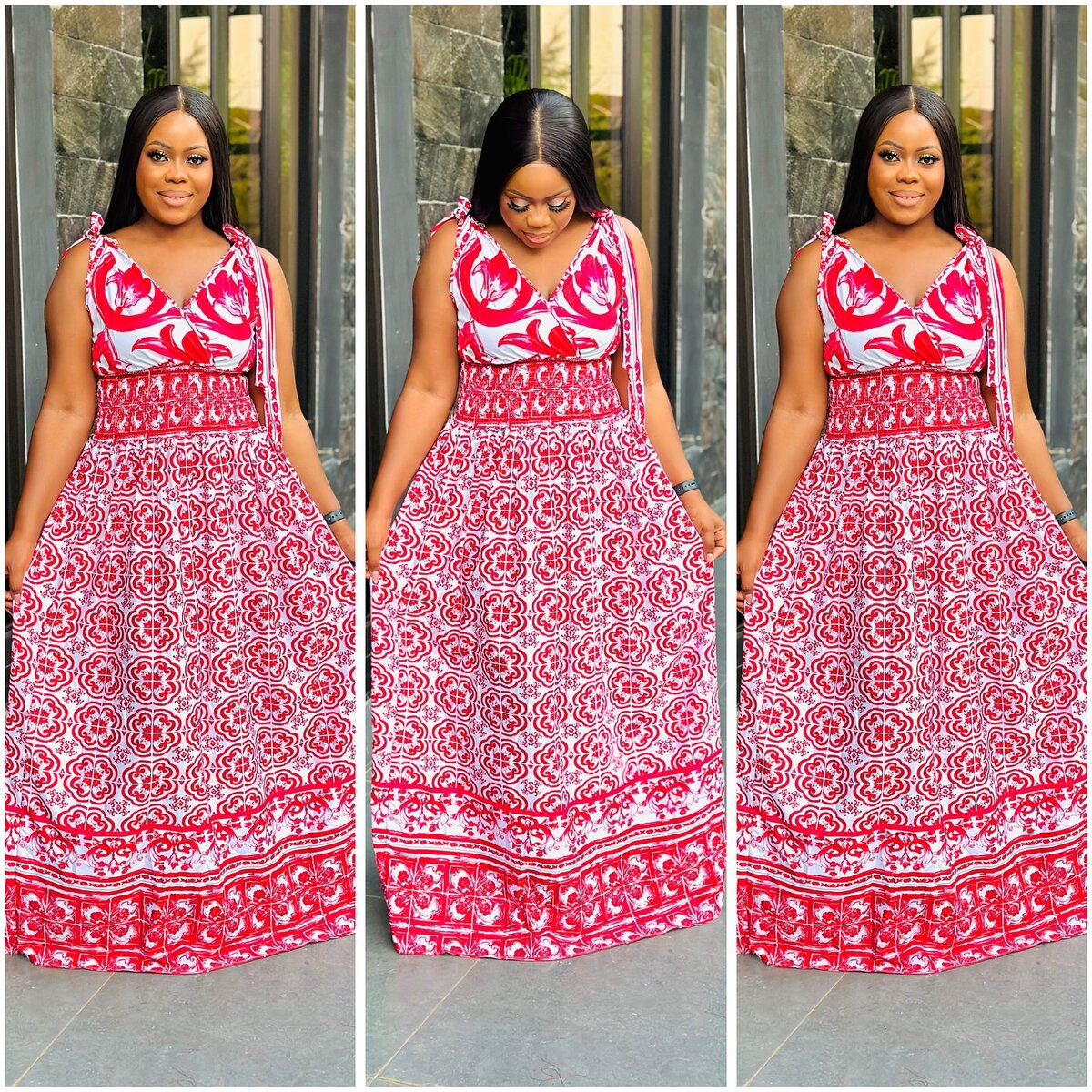 Maxi dress white with red ornament, size S-2xl