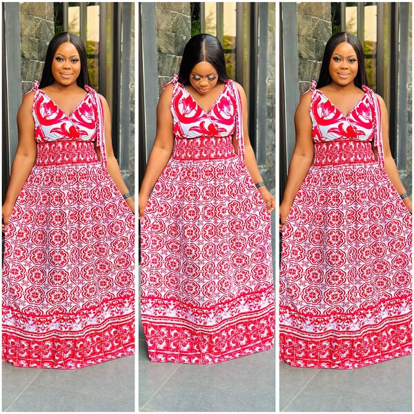 Maxi dress white with red ornament, size S-2xl