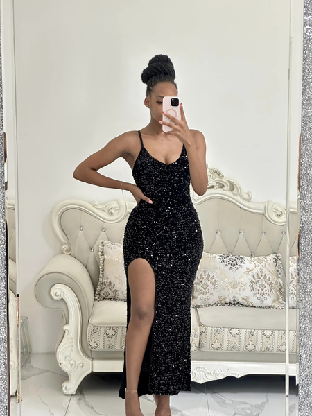 black shiny long dress