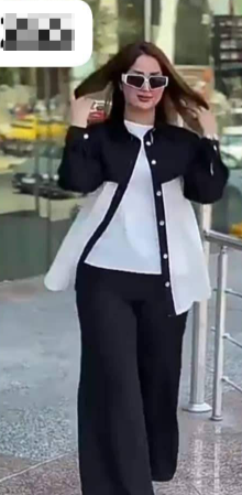 Costume femme avec pantalon large, T-shirt blanc et chemise noire