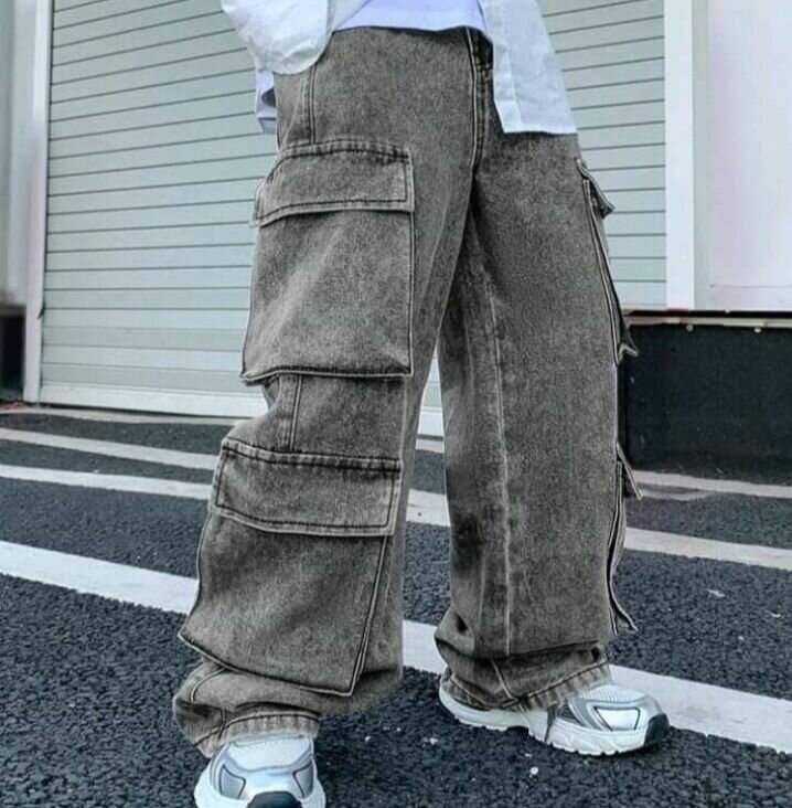 Pantalon cargo en denim gris