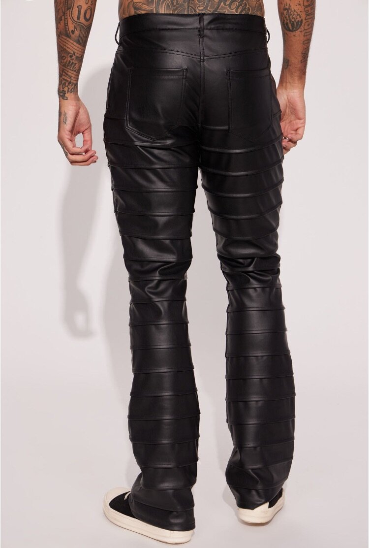 Extra Levels Faux Leather Slim Stacked Flared Pants - Black