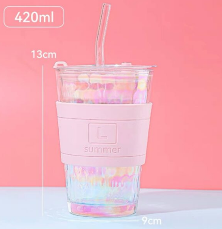 Textured Summer Fashion Iridescent Glass Tumbler with Spill-Proof and Silicone Sleeve