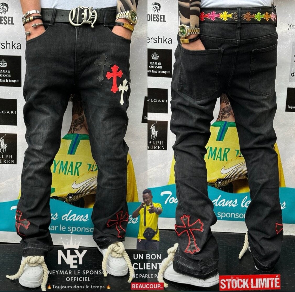 Jeans noirs avec croix colorées