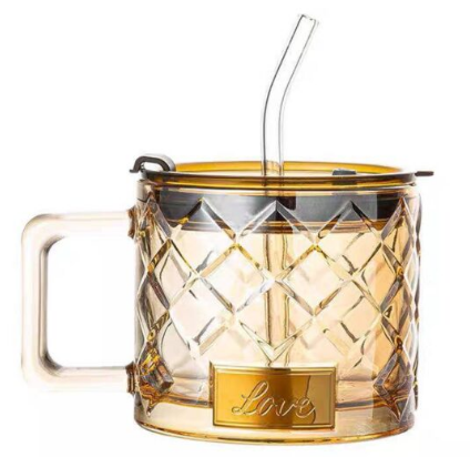Love Diamond Design 16oz Travel Coffee Tea Mug with Spill-Proof Lid and Glass Straw 