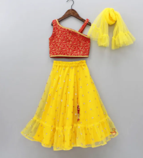 Girl Dress Yellow And Red ( Fabric Jamwer And Net ANd Chamki)