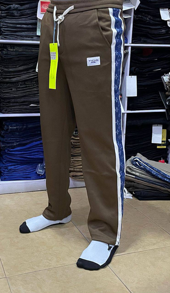 Khaki pants with blue stripe