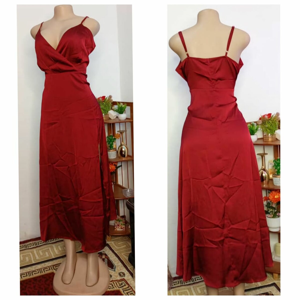 Women's Satin Spaghetti Strap Long Slit Cocktail Maxi Dress