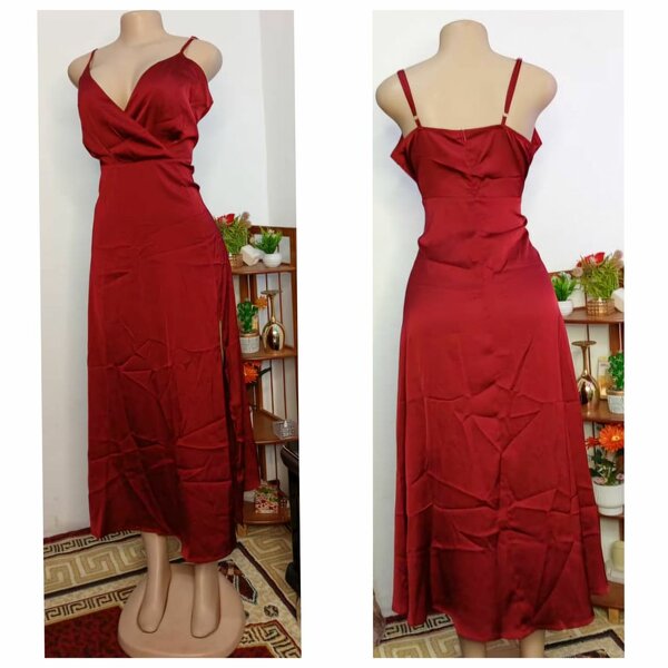 Women's Satin Spaghetti Strap Long Slit Cocktail Maxi Dress