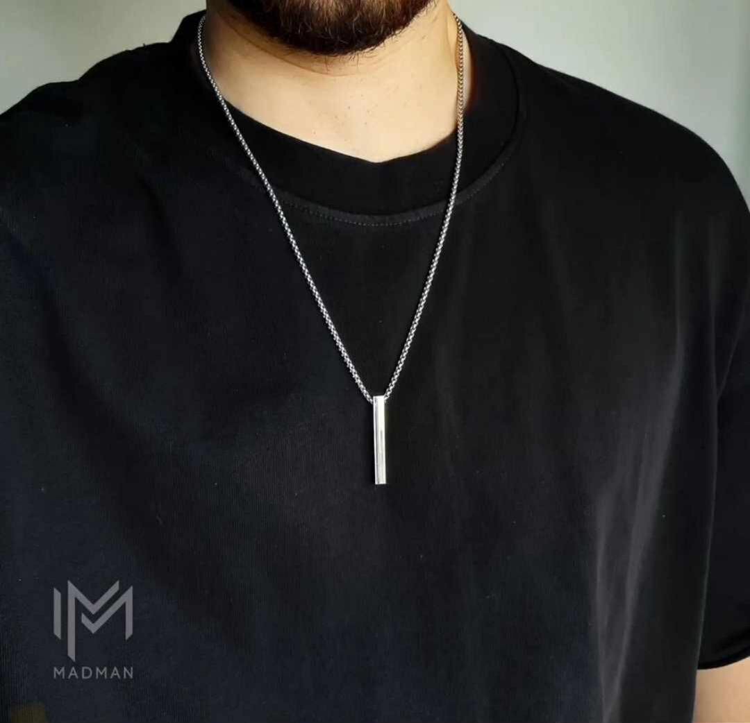 3D bar pendant, stainless steel necklace