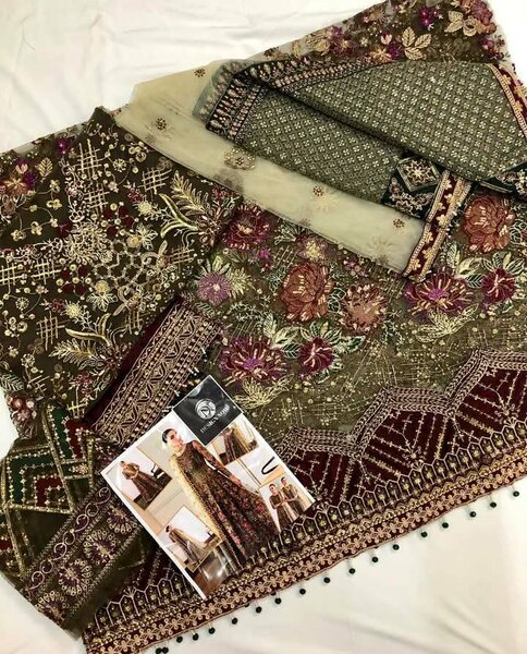 Ladies 3pc net full embroidery work + patches