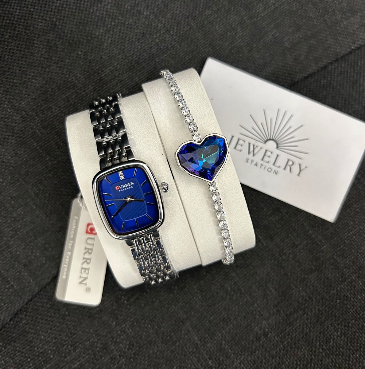 Silver watch blue face with bracelet