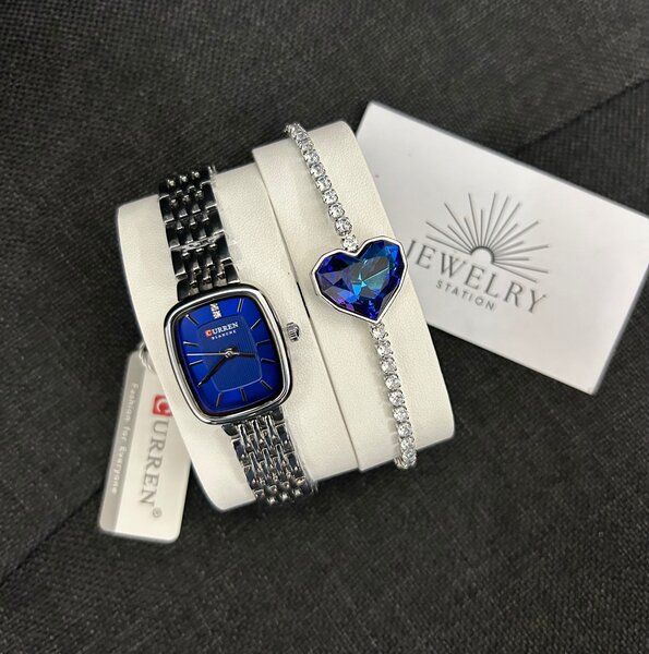 Silver watch blue face with bracelet