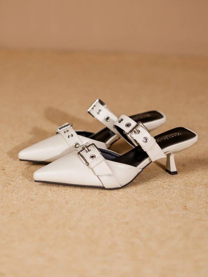 Pointed toe heel sandals with belt buckle detail back