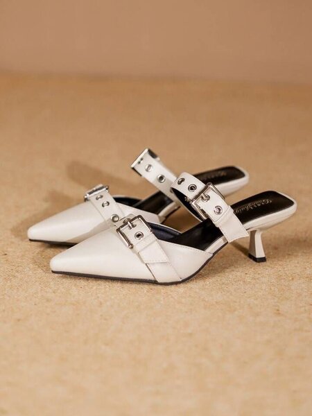 Pointed toe heel sandals with belt buckle detail back