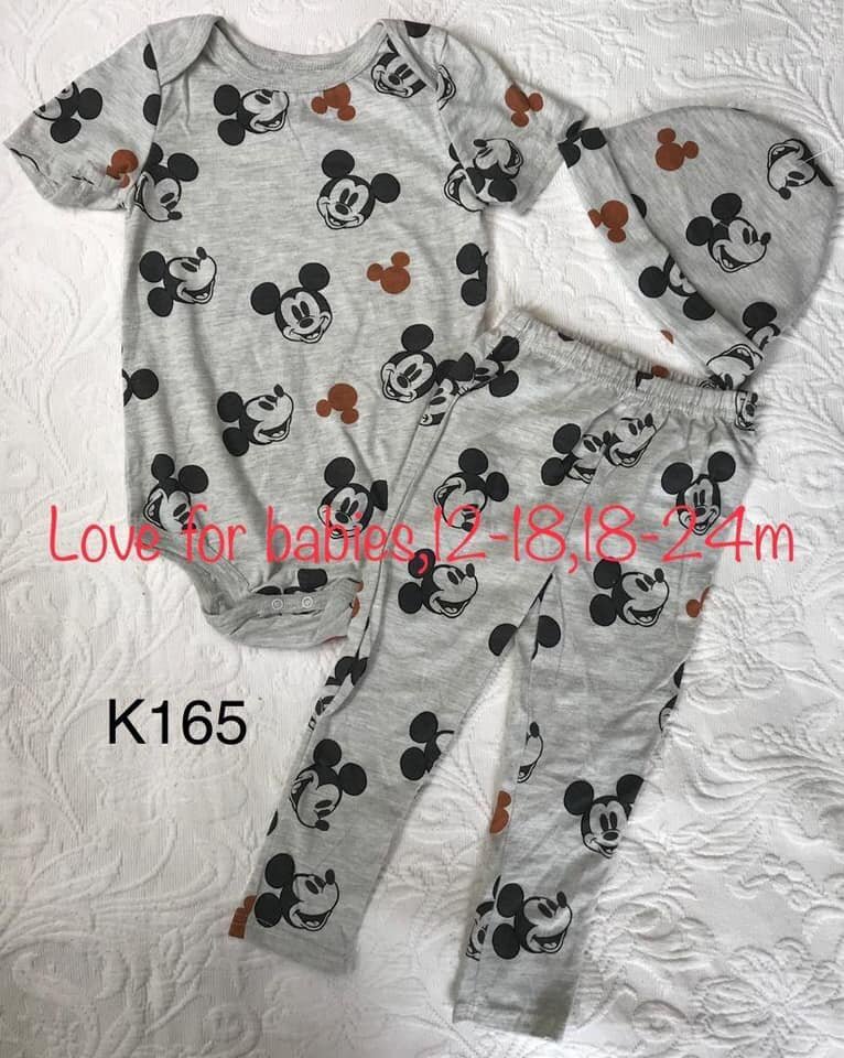 Set of bodysuit, pants, hat, 12-18, 18-24m, gray with print