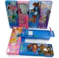 Double Sided 5 Button Magnetic Button Geometry , Pencil box with Sharpener, Date, Temperature, Sharpner for Boys and Girls, (Color and Character subject to Availability of Stock