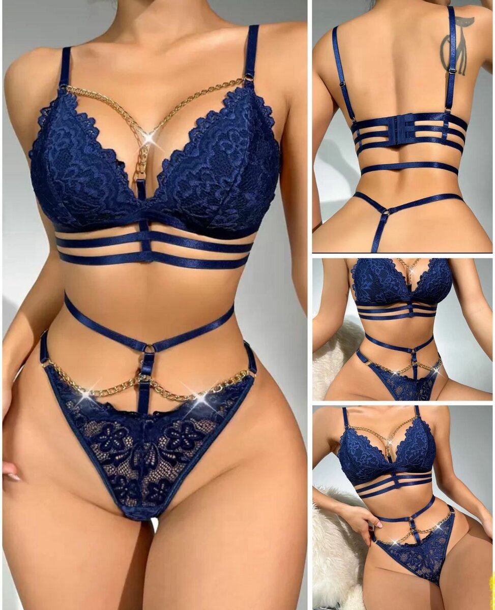Ensemble lingerie sexy en dentelle bleu