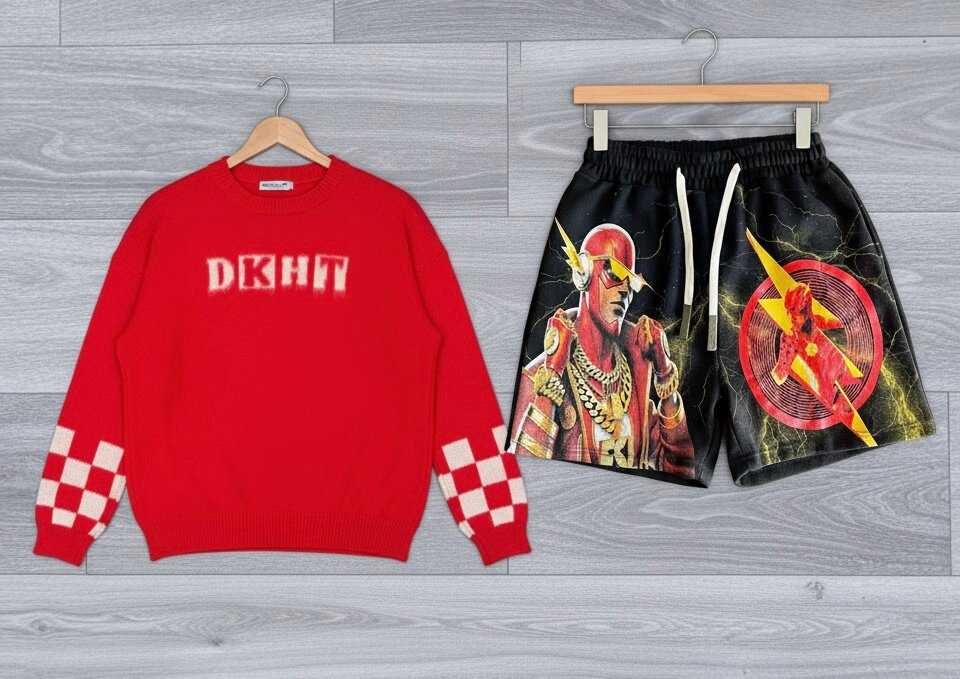 Pull rouge et short imprimé