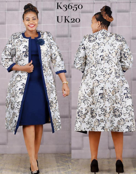 Navy Blue Long Floral jacket 2 Piece Suit