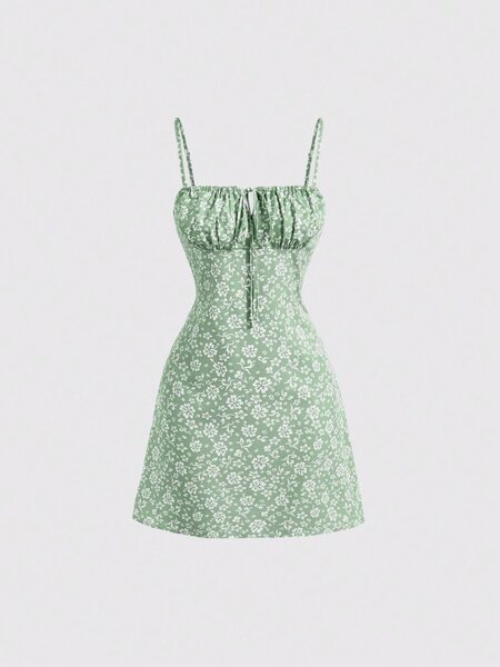 Floral Print Ruched Bust Front Center Bow Decoration