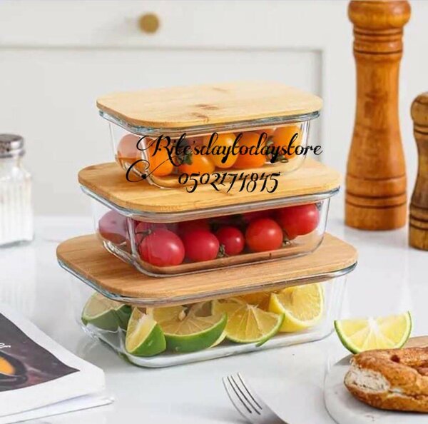 3 set Glass bowls with bamboo lids