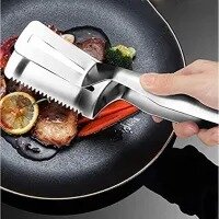 10 inch Steak Clamp, Stainless Slotted Double Spatula, Multi-Function Food Flipping Spatula Tongs Clip With Tooth for Bread Eggs BBQ Hamburgers Patties Pancakes Kitchen Tongs