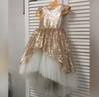 Golden And White, Flower Kids Girls Frock Dress, Bridesmaid, Party, Wedding, Birthday, ( Fabric Sequin, And Net,) ( Size 03 Month To 16 Yrs)