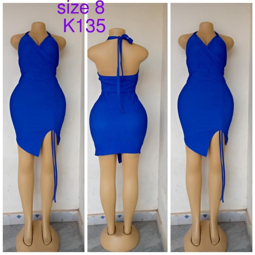 Blue dress, asymmetrical, open back, size 8