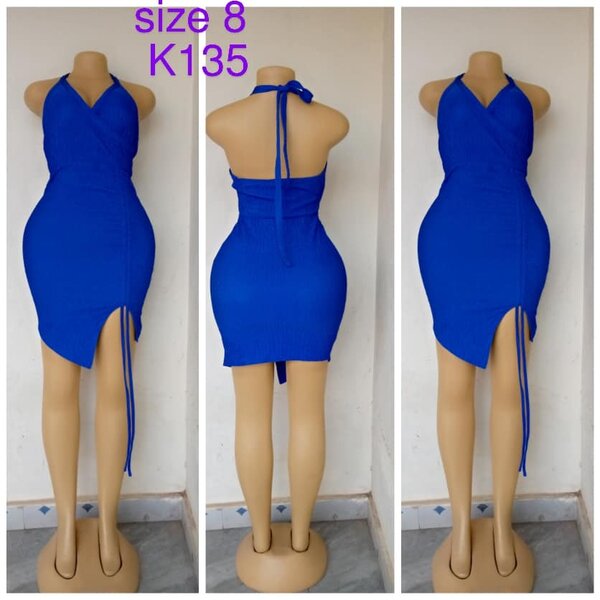 Blue dress, asymmetrical, open back, size 8