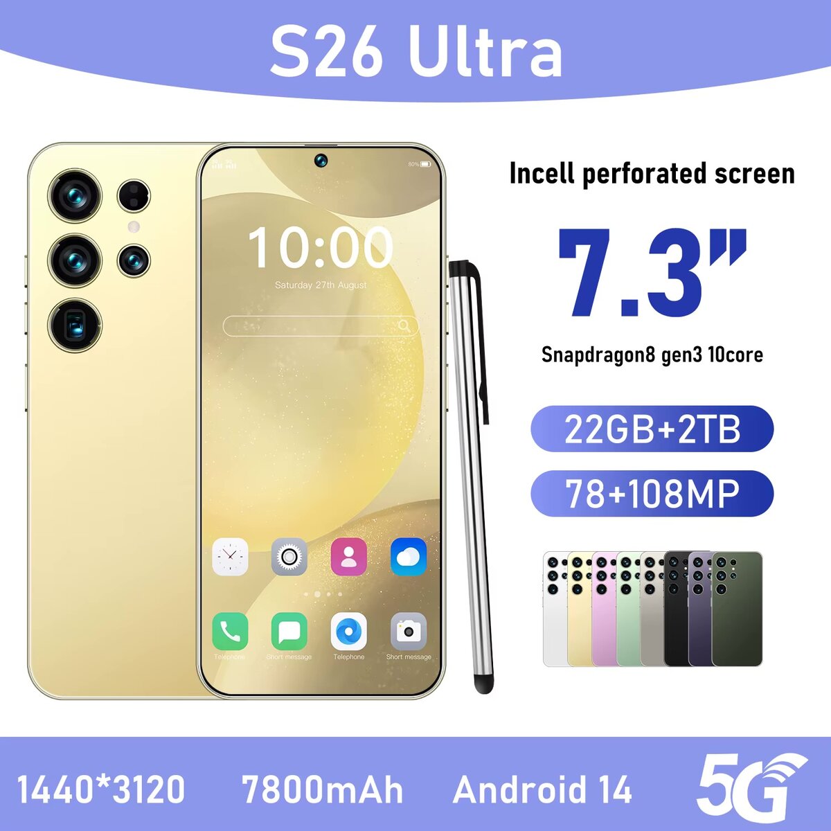 S26 Ultra Smartphone 22GB+2TB