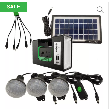 GDLITE Solar Lighting System With FM Radio, MP3, Pen Drive Slot, SD Card , 3pcs Led Bulbs, 5 Charging Cables, Solar Panel Power Bank – Black
