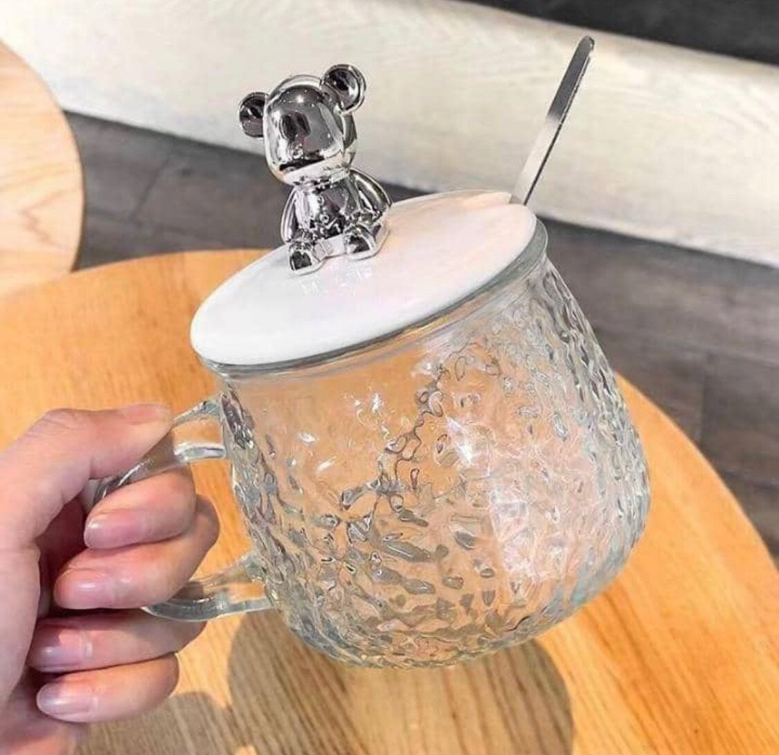 Classy Glass Cup with Lid and Spoon 400ml