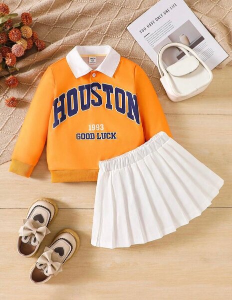 2pcs Young Girl' Polo Shirt And Mini Skirt. 4 and 7years