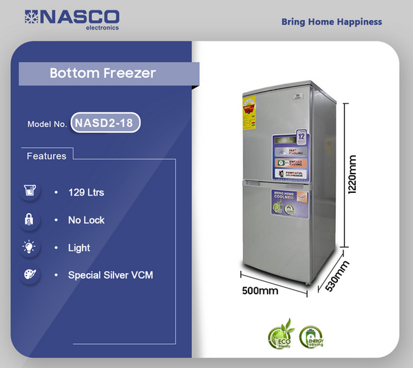 Nasco 129Ltr Bottom Freezer Refrigerator-NASD2-18