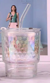 Iridescent Fashion Glass Tumbler with 3-in-1 Splash Proof Lid and Glass Straw