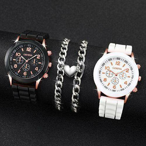 Fashion Couple Watch + Love Bracelet - Black/White
