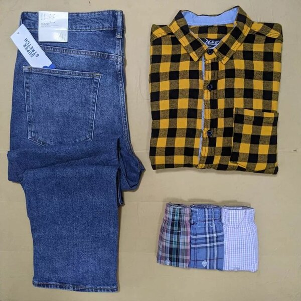 Men's set:jeans, plaid shirt and underpants(3 pcs)
