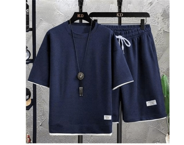 T-shirt short gaufré bleu mari