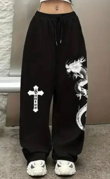 Pantalon noir imprimé dragon