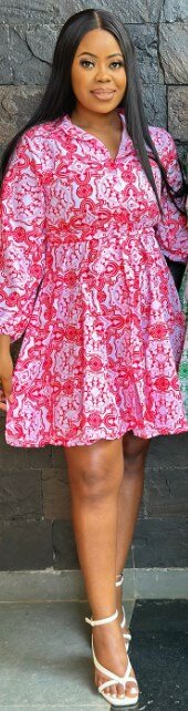 Shirt dress red with white print, size M-XL