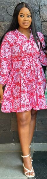 Shirt dress red with white print, size M-XL