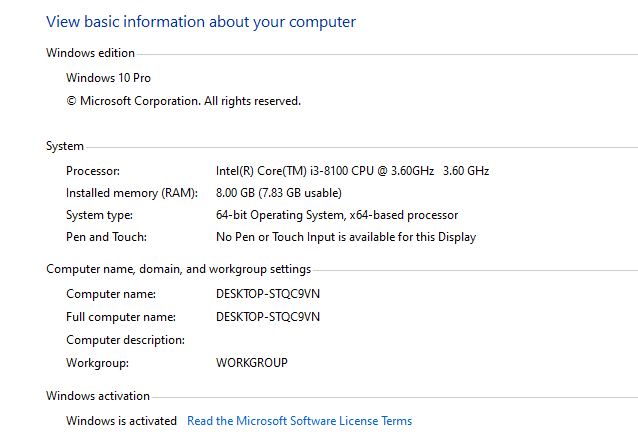 HP Desktop 8gb Ram, 8th gen i3 8100 3.6ghz