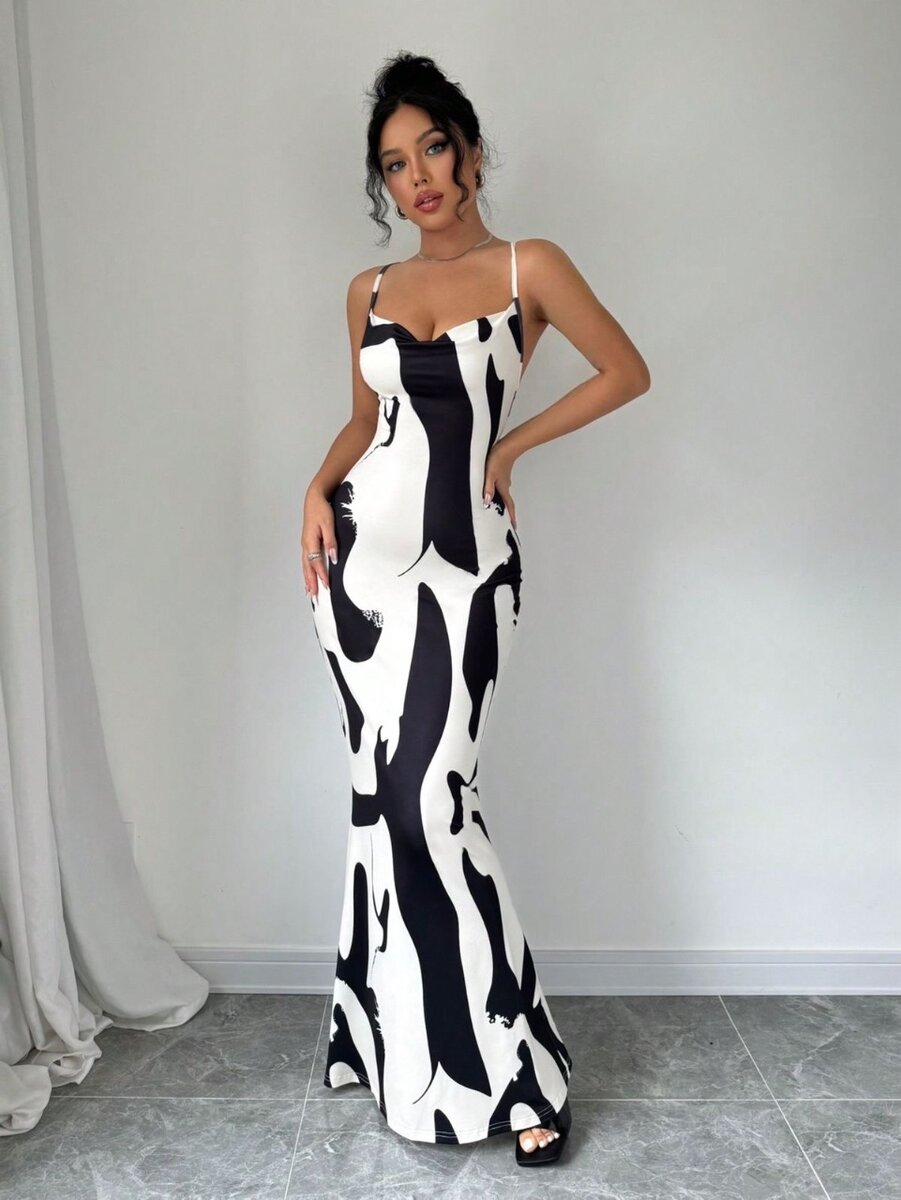 Printed Draped Neck Extra Long Cami Dress