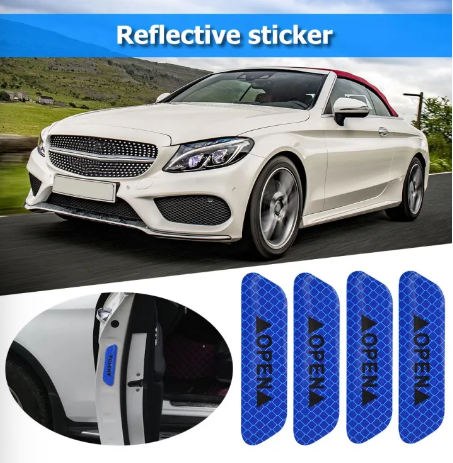 4PCS Super Car Door Open Sticker Reflective Tape Safety Warning Blue