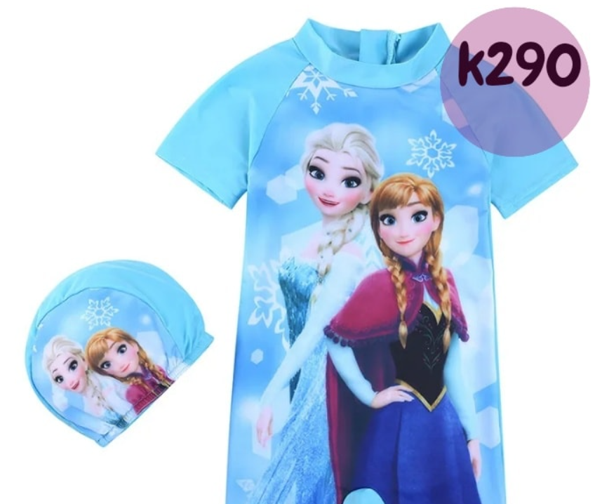 Children's swim costume with hat, blue, princess